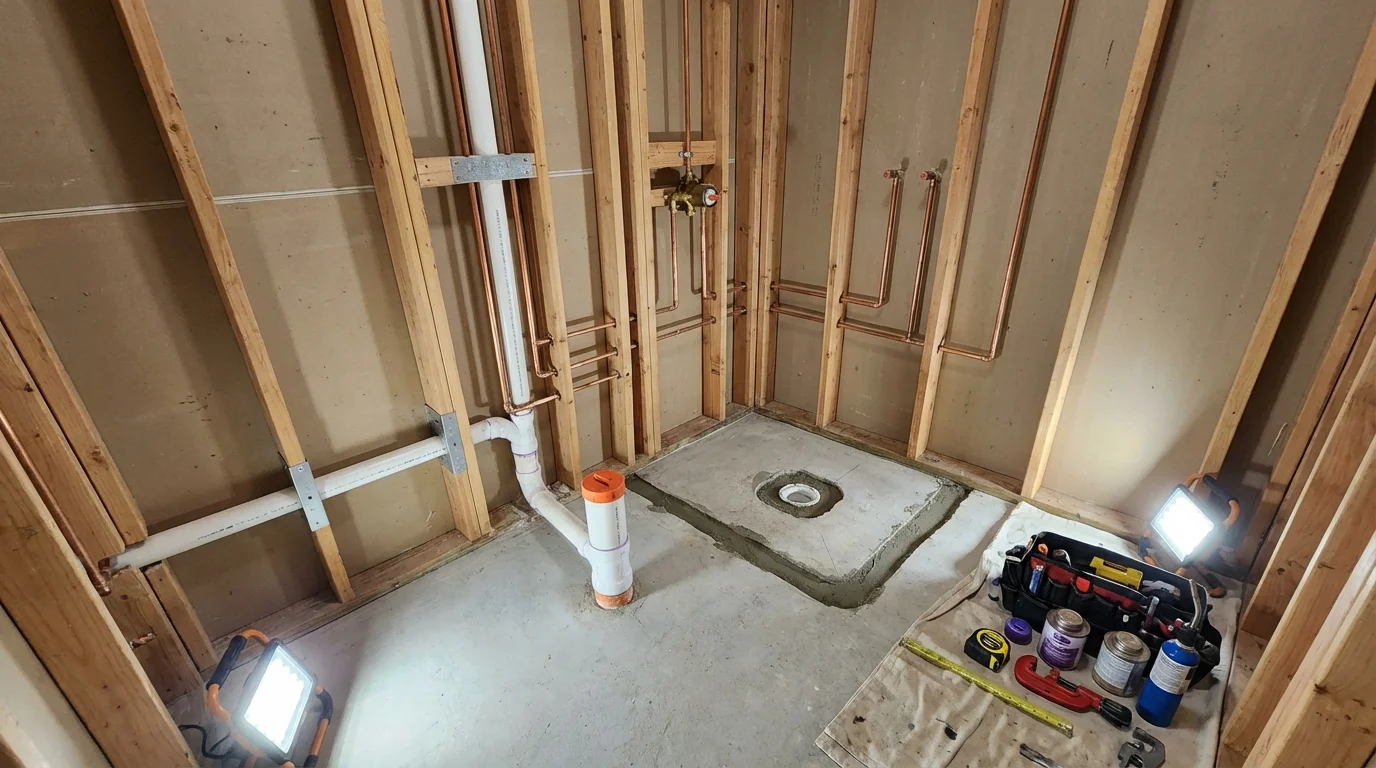 Bathroom rough-in plumbing during remodel by Johns Plumbing LLC in Highspire