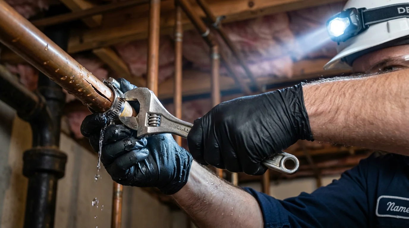 Emergency pipe clamp repair being performed by a Johns Plumbing LLC plumber in Highspire