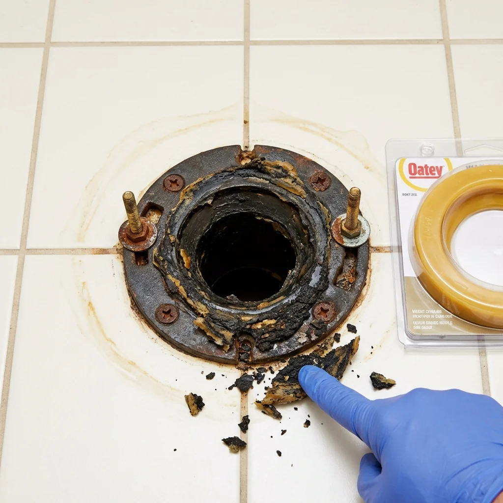 Failed wax ring showing water seepage at the base of a toilet in a Highspire, PA home