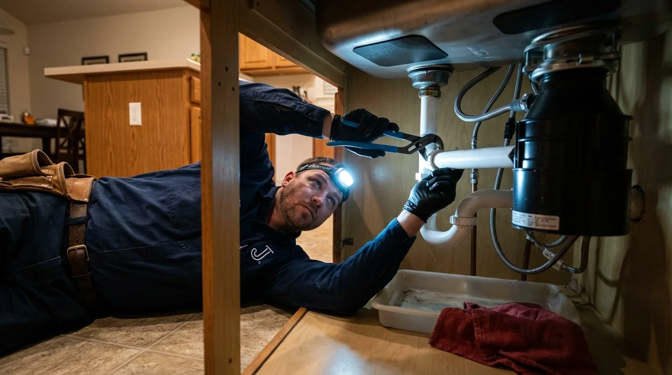 P-trap and supply line connections under a kitchen sink showing a common leak point in Highspire, PA